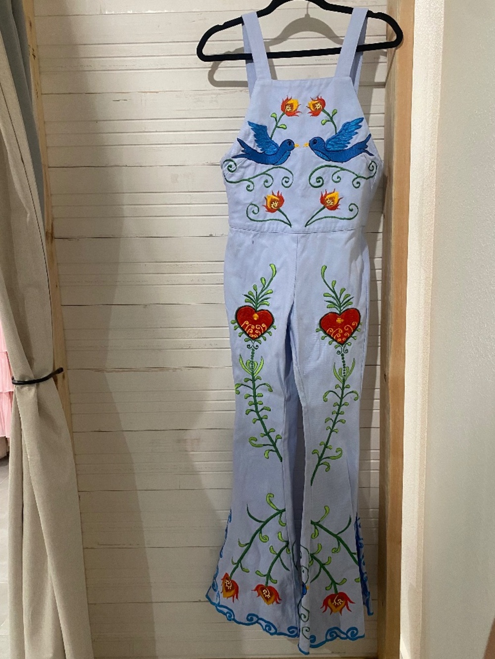Fillyboo Light Blue Embroidered Jumpsuit with Floral and Bird Motif